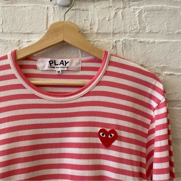 Comme des Garçons Play || Long Sleeve Pink Stripe Logo Tee Medium