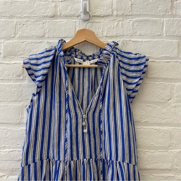 Veronica Beard || Zee Striped Tiered Mini Dress Linen Blend Cobalt Blue 0