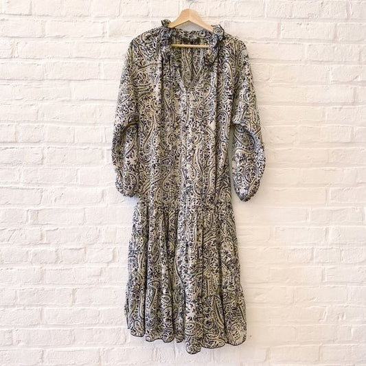 Tuckernuck || O.P.T. Ruffle Collar Long Sleeve Midi Dress Paisley Tan Blue S