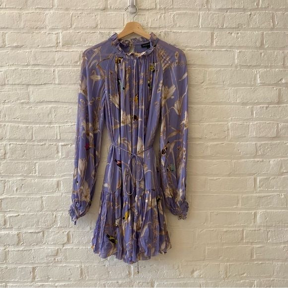 Banana Republic || Belted Long Sleeve Mini Dress Bird Floral Print Purple XS