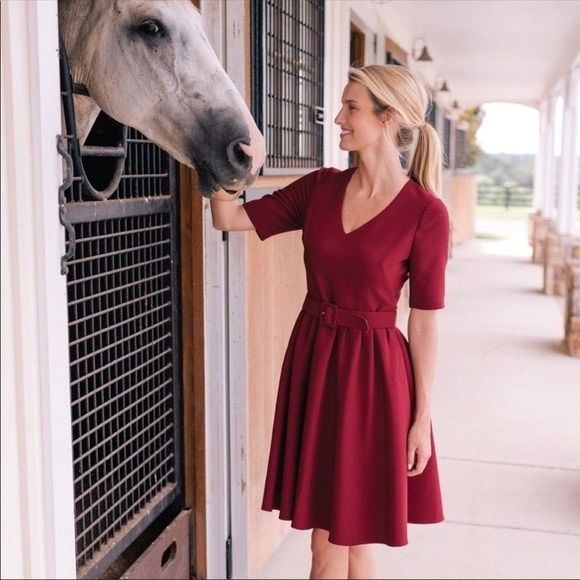 Gal Meets Glam || Clara Fit and Flare Belted Dress Burgundy Wine Red 10 NWT