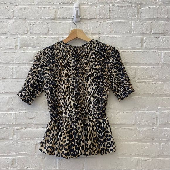 GANNI || Smocked Peplum Top Leopard Print Cotton + Silk 36 EU US 4