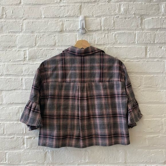 Cinq A Sept || Emile Top Cropped Plaid Flannel Blouse Short Sleeve Gray XS NWT