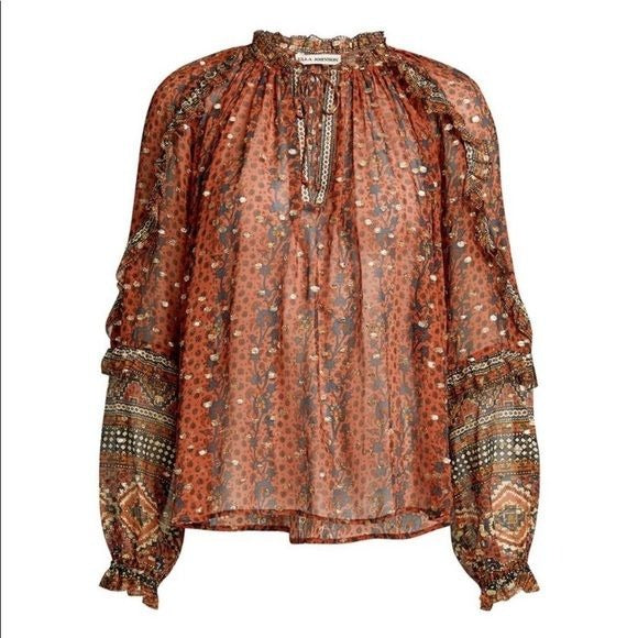 Ulla Johnson || Calista Blouse in Brick Silk Floral Red Orange Gold Ruffle Top 8