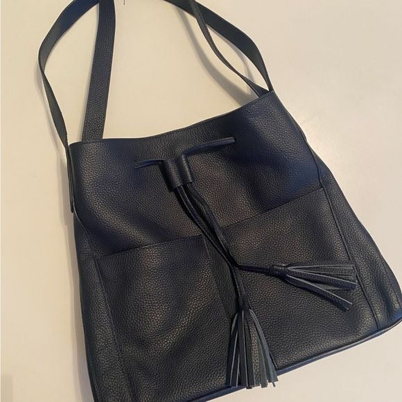 LAGGO || Andrea Tassel Drawstring Hobo Bag Pockets Pebbled Leather Navy