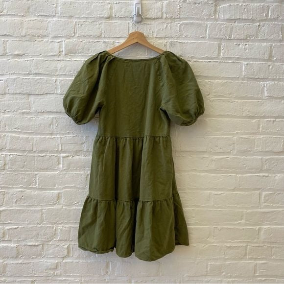 Madewell || (Re)sponsible Puff Sleeve Tiered Mini Dress Olive Green XS