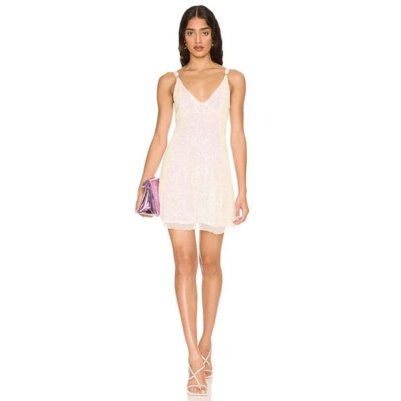 Free People || Gold Rush Sequined Slip Mini Dress Tie Back Ivory Blush Large NWT