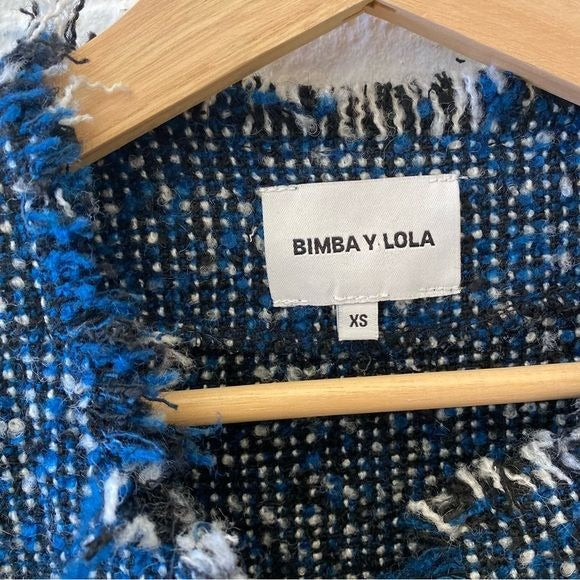 Bimba y Lola || Tweed Fringe Open Front Topper Coat Jacket Blue Black XS