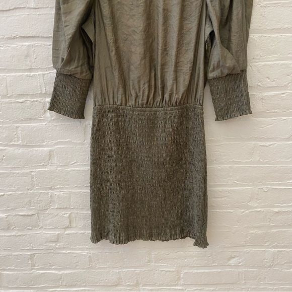 Rebecca Minkoff || Geneva Smocked Puff Sleeve Dress in Army Green Medium