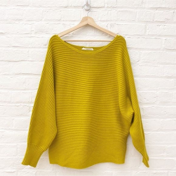 Anthropologie || Kendall Cropped Boatneck Ribbed Dolman Sweater Yellow Green XL