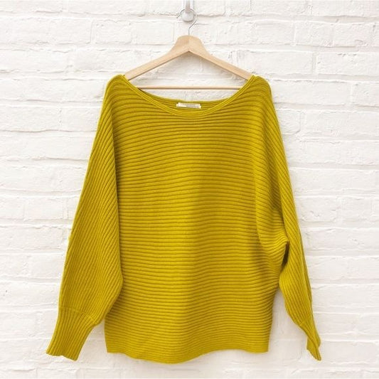 Anthropologie || Kendall Cropped Boatneck Ribbed Dolman Sweater Yellow Green XL