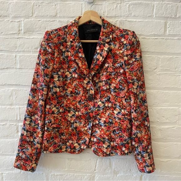 Zara || Two Piece Matching Suit Floral Blazer Pants Red Pink XS / S