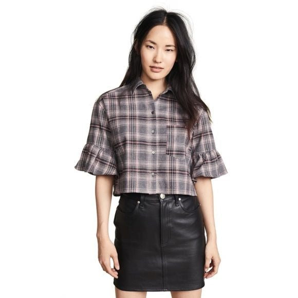 Cinq A Sept || Emile Top Cropped Plaid Flannel Blouse Short Sleeve Gray XS NWT