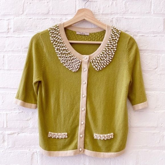 Anthropologie || Darling Pearl Faux Collar Trim Sweater Angora Blend Green Small