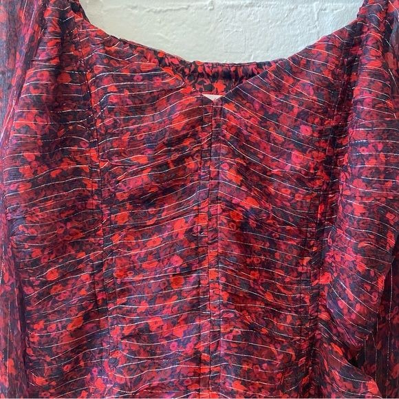 Parker || Catherine Ruched Blouse Silk Metallic Floral Print Red