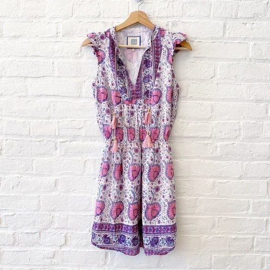 Bell by Alicia Bell || Silk Blend Block Print Lola Mini Dress Tassels Pink XS