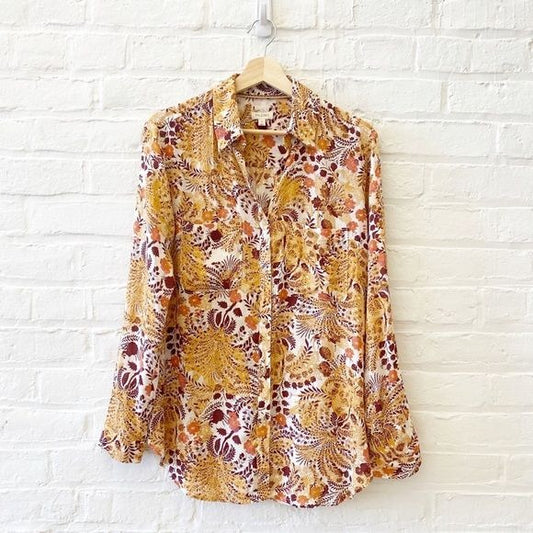 Anthropologie || The Romy Relaxed Buttondown Shirt Tan Peach Floral Small