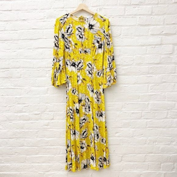 Ghost London || Luisa Floral Midi Dress in Patty Poppy Ditzy Yellow XS NWT