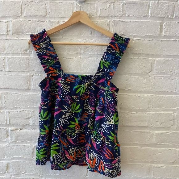 THML || Ruffle Tiered Tank Top Boise Floral Tropical Navy Small