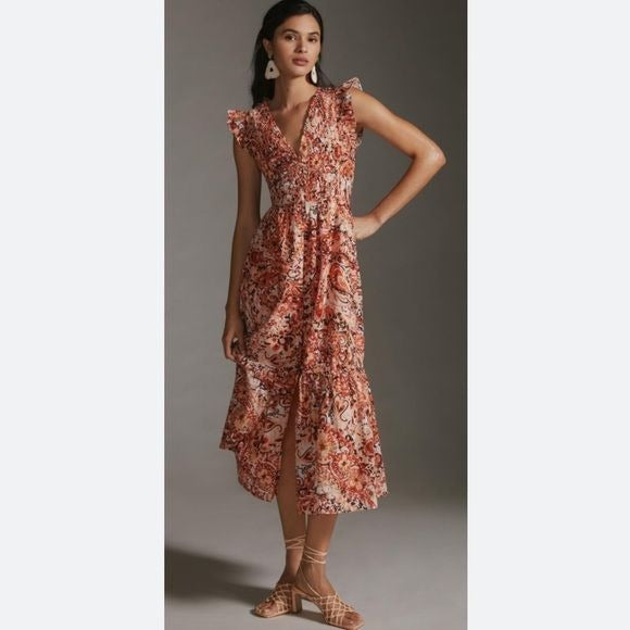 Anthropologie || The Peregrine Midi Dress Brown Orange Smocked Floral XXS