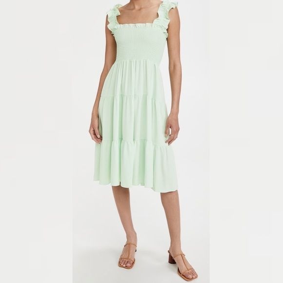 Amanda Uprichard || Adelene Midi Dress Smock Ruffle in Hypermint Light Green S