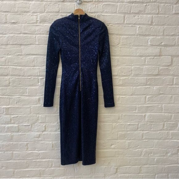 Rebecca Vallance || Andree Dress Long Sleeved High Neck Midi Navy Sequined 0