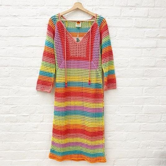 FARM Rio || Striped Crocheted Cotton Midi Dress w/ Slip Tassels Rainbow S NWT