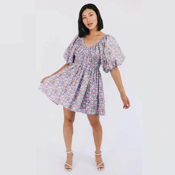 Mable || Puff Sleeve Mini Dress V-Neck Floral Lavender Medium