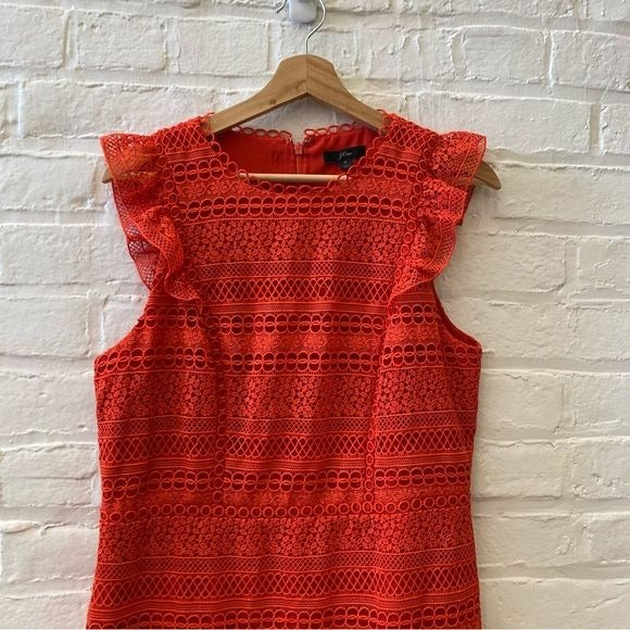 J Crew || Cap Sleeve Ruffle Lace Eyelet Dress Bright Cerise Red Orange 8