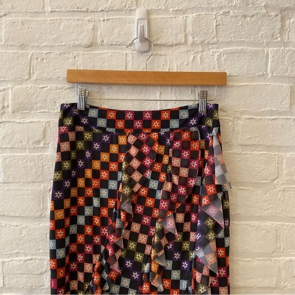 Anthropologie || FARMRio Ruffle Maxi Skirt Black Check Grid Spell Out Small