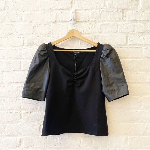 Lamarque || Kira Puff Sleeve Sweetheart Top Lamb Leather Black Medium NWT