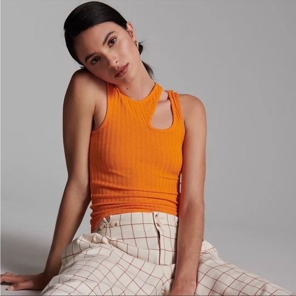 Anthropologie || Maeve Asymmetrical Ribbed Cutout Tank Top Orange Large