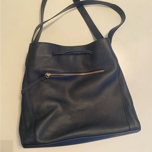 LAGGO || Andrea Tassel Drawstring Hobo Bag Pockets Pebbled Leather Navy