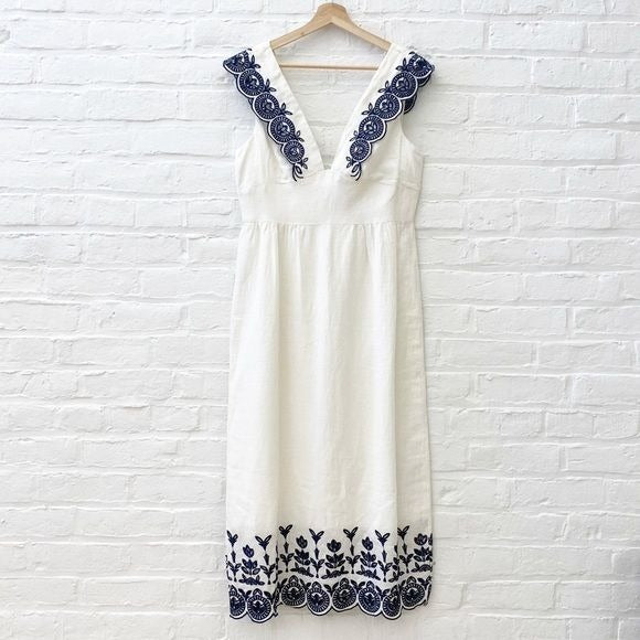 J.Crew Collection || Embroidered Eyelet Linen Midi Dress White + Navy 10 NWT