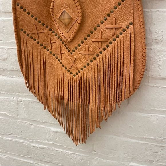 Native Rainbow || Fez Studded Fringe Leather Handbag Purse Peach NWT