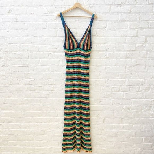 Zara || Striped Crochet Knit V-Neck Bloggers Favorite Dress Cotton Large