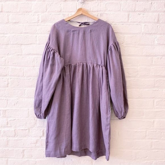 Wavy Linen || Heidi Dress Low Back Bishop Puff Sleeve in Dusty Plum Purple XS/S