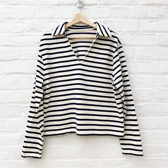 Boden || Notch Collar Stripe Top Breton Nautical Navy Blue Ivory Large