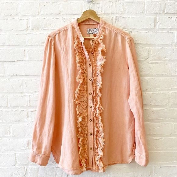 Anthropologie || Pilcro Ruffled Placket Shirt Button Down Linen Blend Peach M