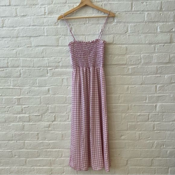 RESA || Ashley Smocked Midi Dress Slit in Montauk Purple Gingham Small NWT