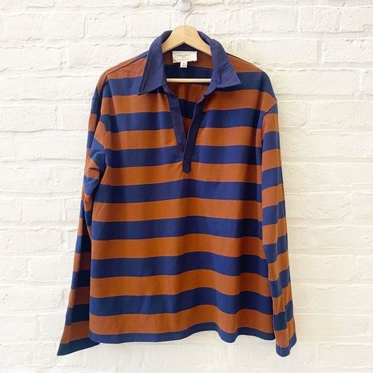 Tuckernuck || Pomander Place Brown Stripe Ellis Knit Polo Popover XL