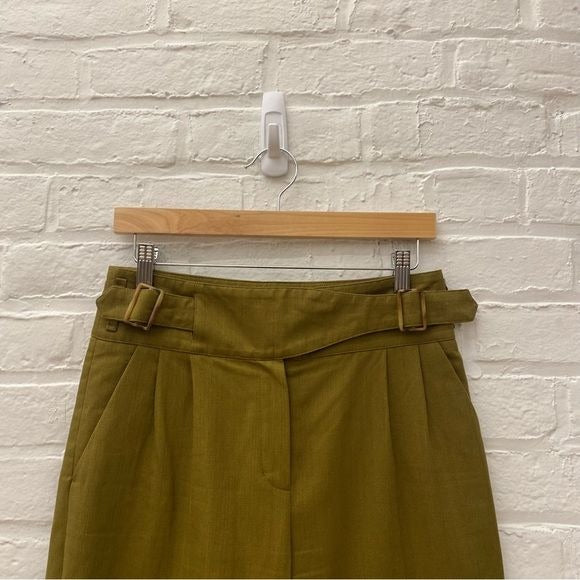 Sezane || Francky Trousers Buckle Linen Blend Olive Green Khaki 36 US 4