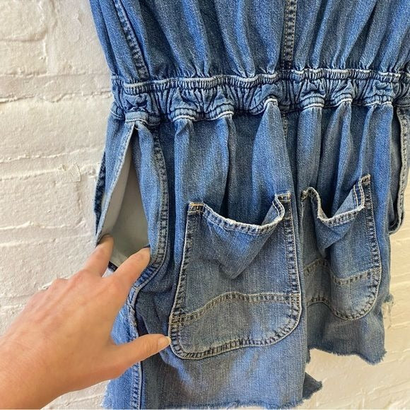 R13 || Mick Belted Distressed Denim Romper Cohen Blue Small