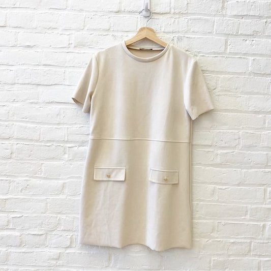 Zara || Faux Suede Shift Dress pickets Buttons Cream Medium