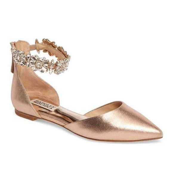 Badgley Mischka || Morgen Crystal Ankle Strap Flats Formal Bridal Rose Gold 9