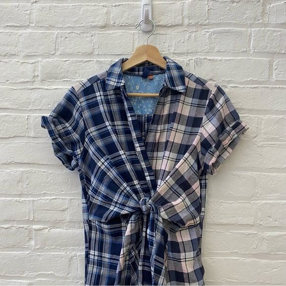 Anthropologie || Pilcro Plaid Shirt Dress Tie Waist Midi Blue XS