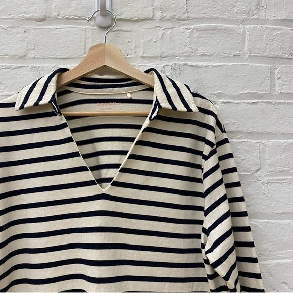 Boden || Notch Collar Stripe Top Breton Nautical Navy Blue Ivory Large