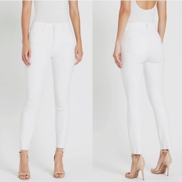 MOTHER || High Waisted Looker Ankle Fray Jeans in Glass Slipper White 24