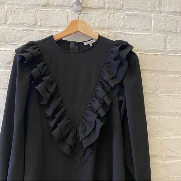 Ganni || Crepe Ruffle Mini Dress Long Sleeves Black 34 US 2