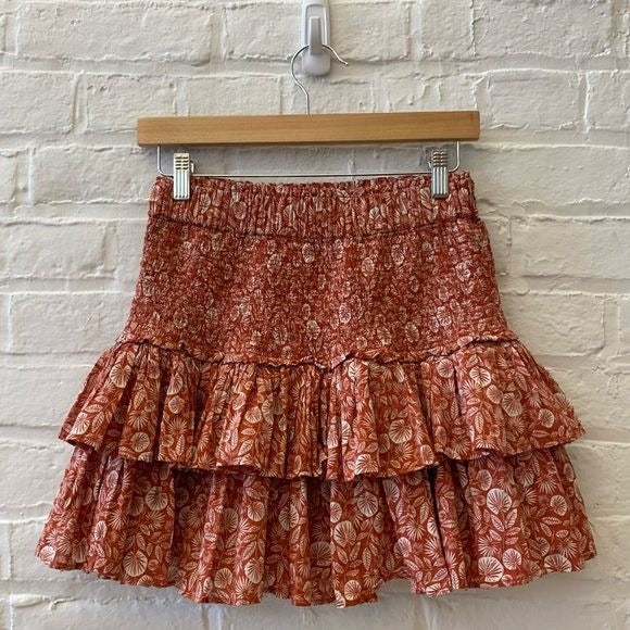 LOFT || Palm Smocked Tiered Smocked Mini Skirt Rust Orange XS